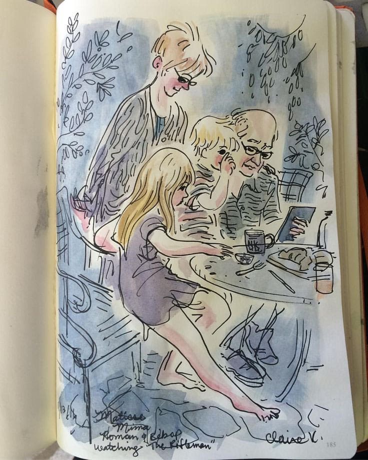 “Watching Westerns with grandparents,” wrote Claire Keane on her blog. (Keane’s father, Glen Keane, is pictured right.)